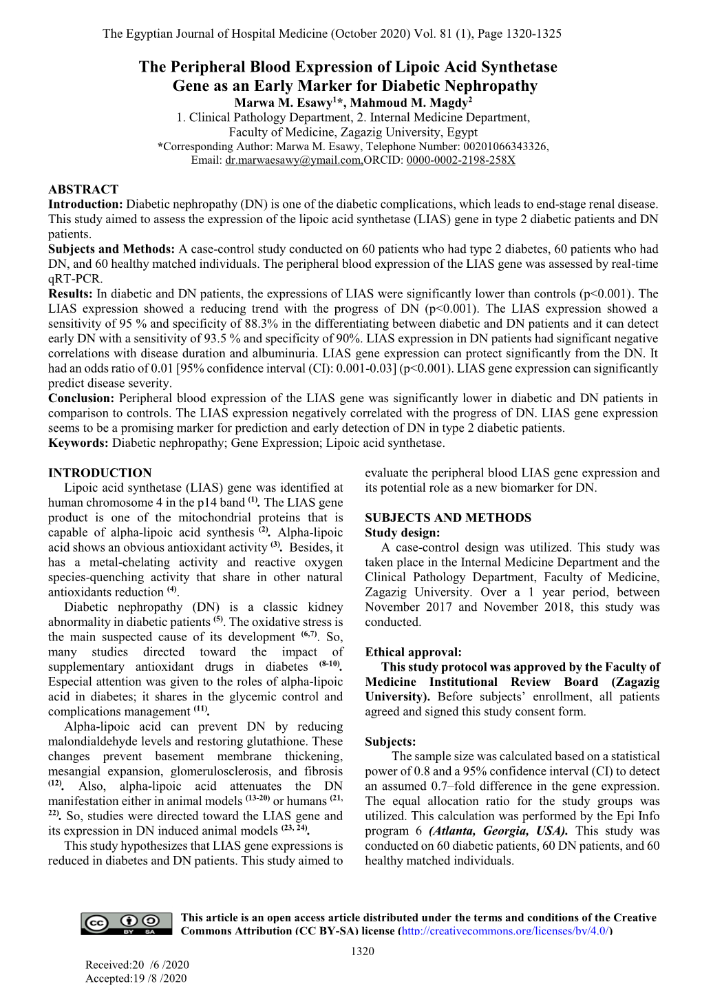 The Peripheral Blood Expression of Lipoic Acid Synthetase Gene As an Early Marker for Diabetic Nephropathy Marwa M