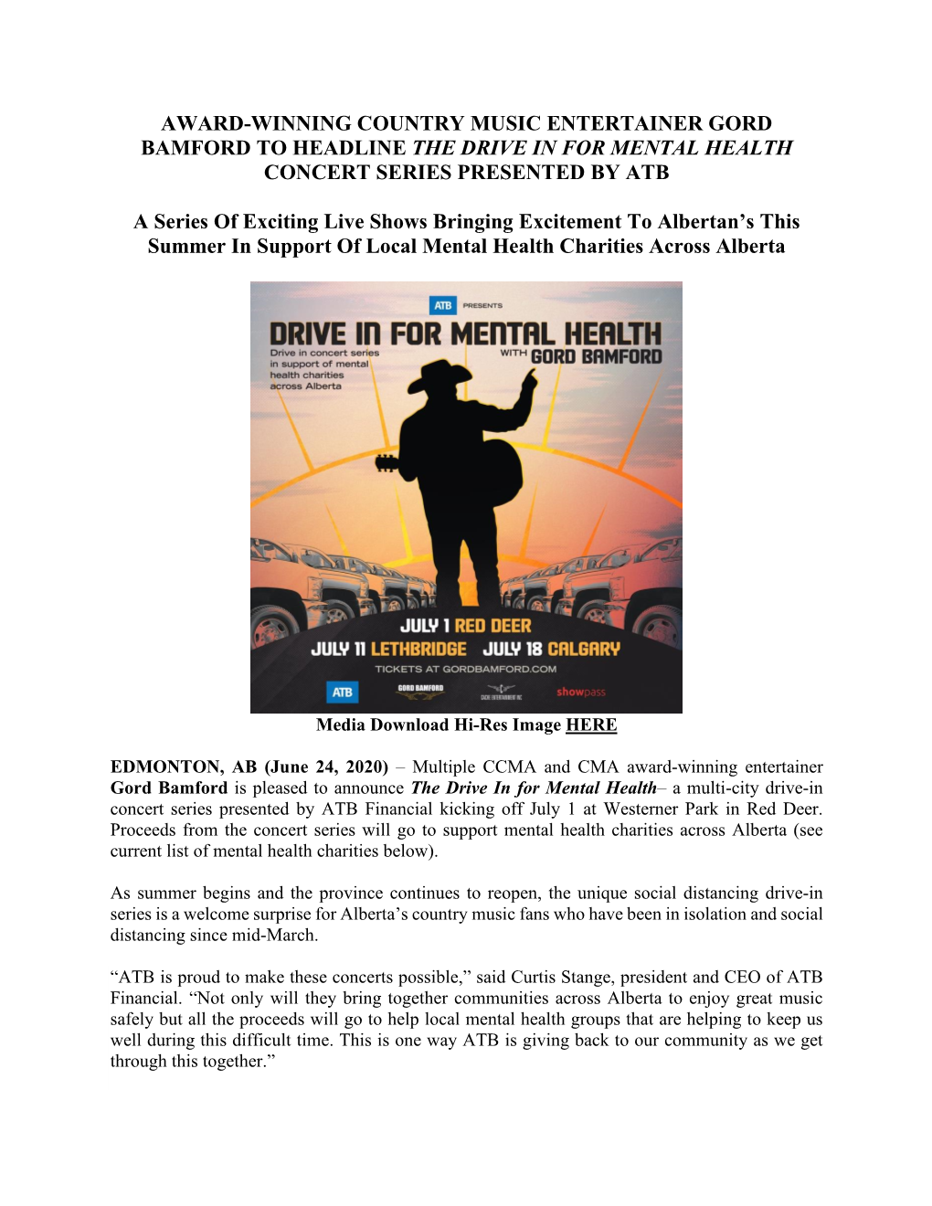 Award-Winning Country Music Entertainer Gord Bamford to Headline the Drive in for Mental Health Concert Series Presented by Atb