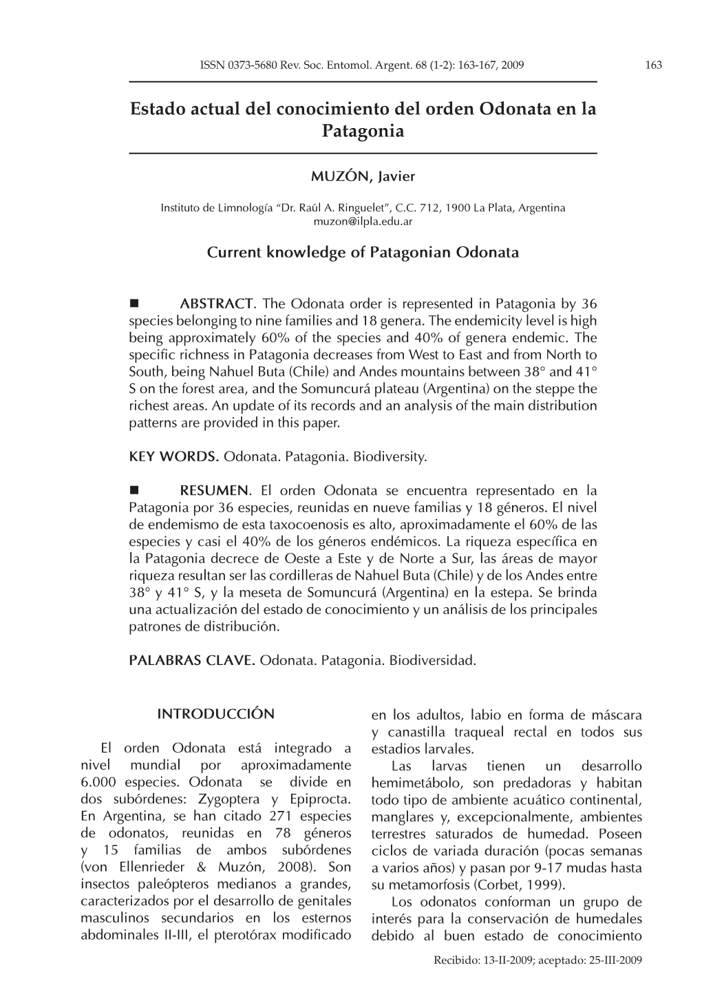 Estado Actual Del Conocimiento Del Orden Odonata En La Patagonia