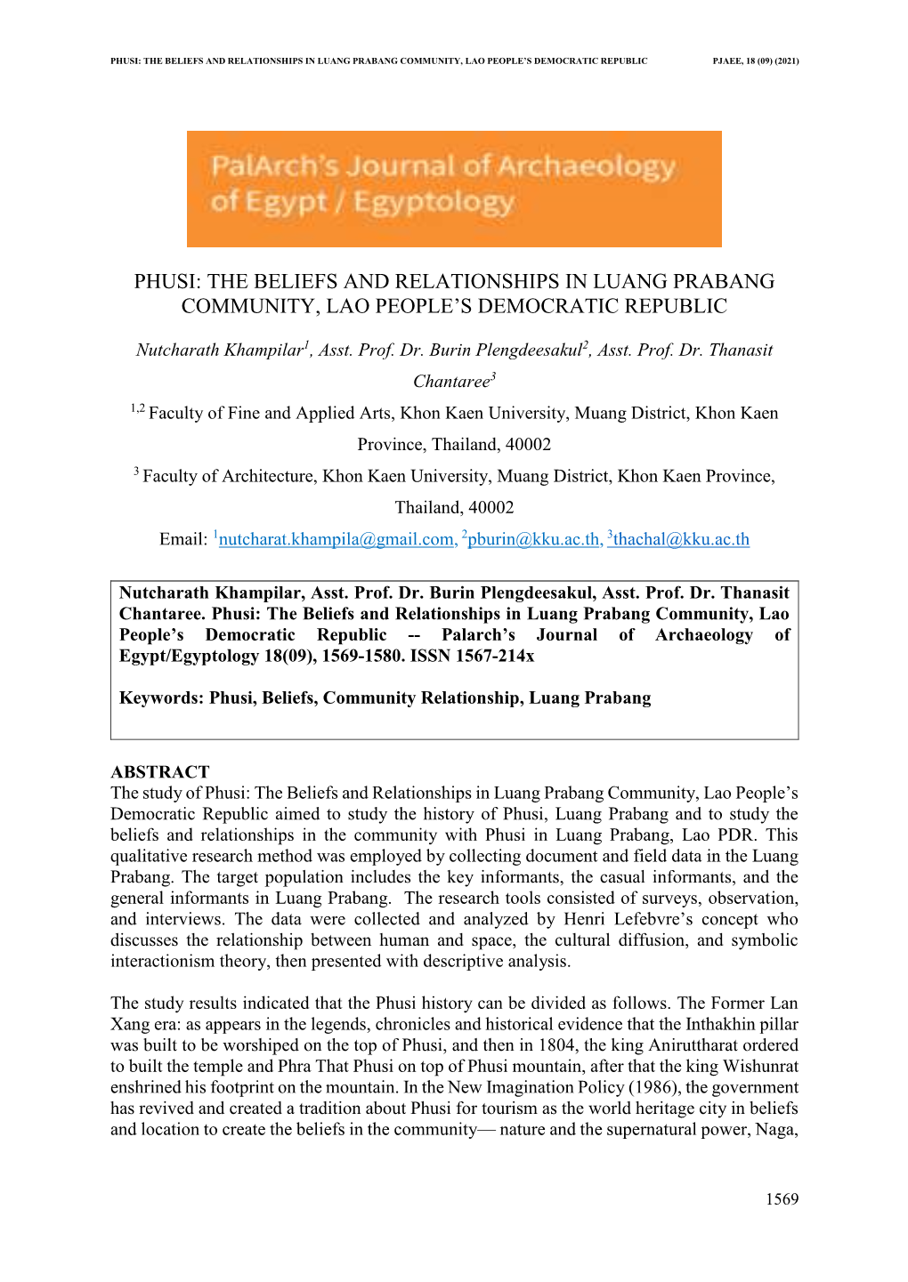 The Beliefs and Relationships in Luang Prabang Community, Lao People’S Democratic Republic Pjaee, 18 (09) (2021)