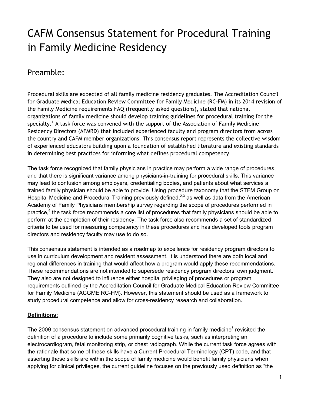 CAFM Consensus Statement for Procedural Training in Family Medicine Residency