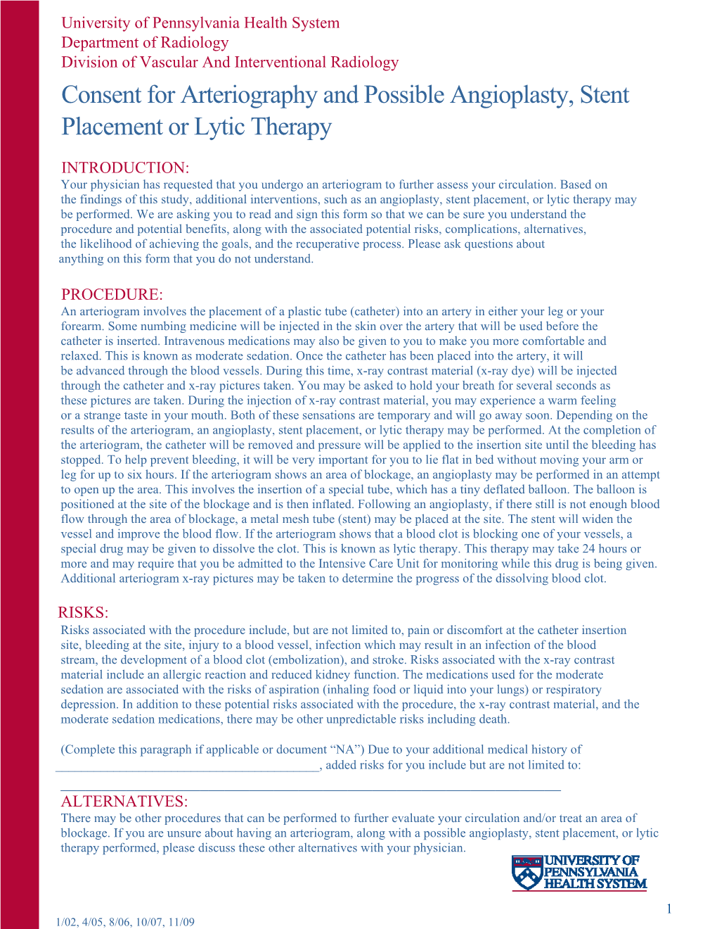 Consent for Arteriography and Possible Angioplasty, Stent Placement Or Lytic Therapy