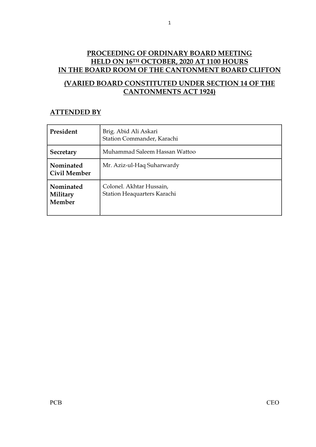 Proceeding of Ordinary Board Meeting Held on 16Th October, 2020 at 1100 Hours in the Board Room of the Cantonment Board Clifton