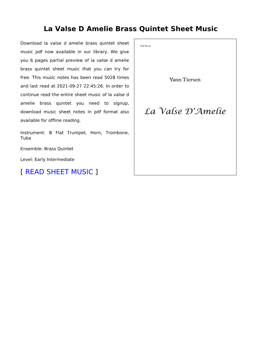 La Valse D Amelie Brass Quintet Sheet Music