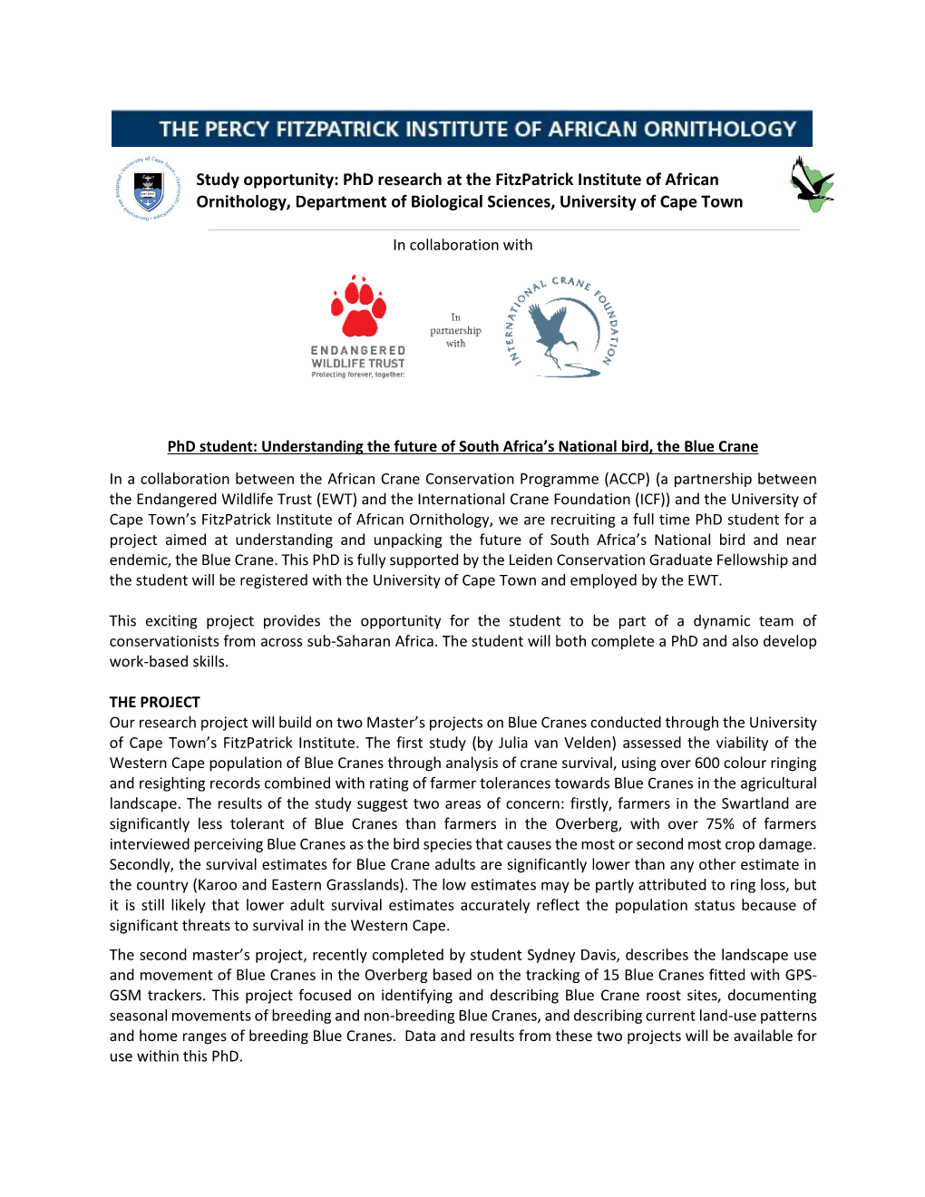 Phd Research at the Fitzpatrick Institute of African Ornithology, Department of Biological Sciences, University of Cape Town