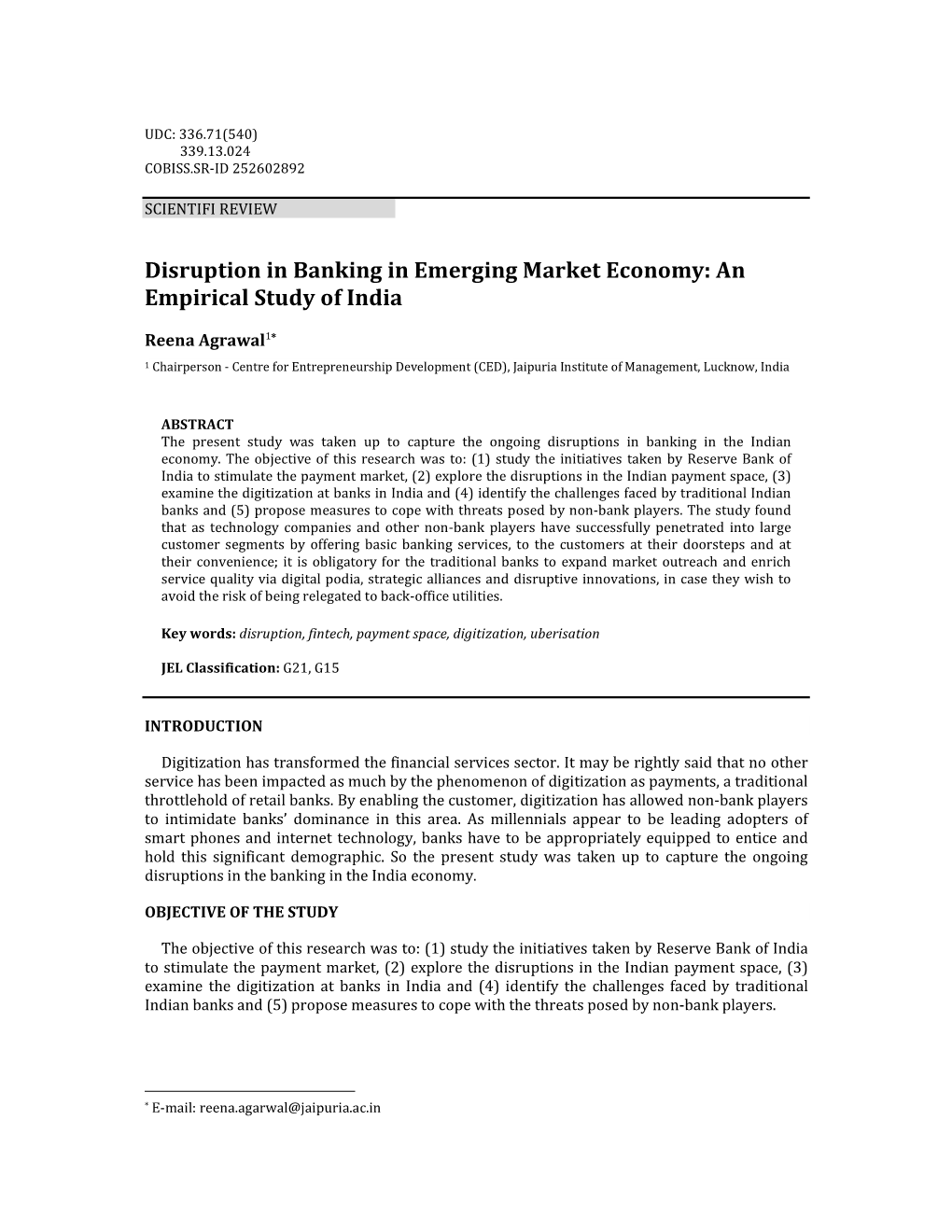 Disruption in Banking in Emerging Market Economy: an Empirical Study of India