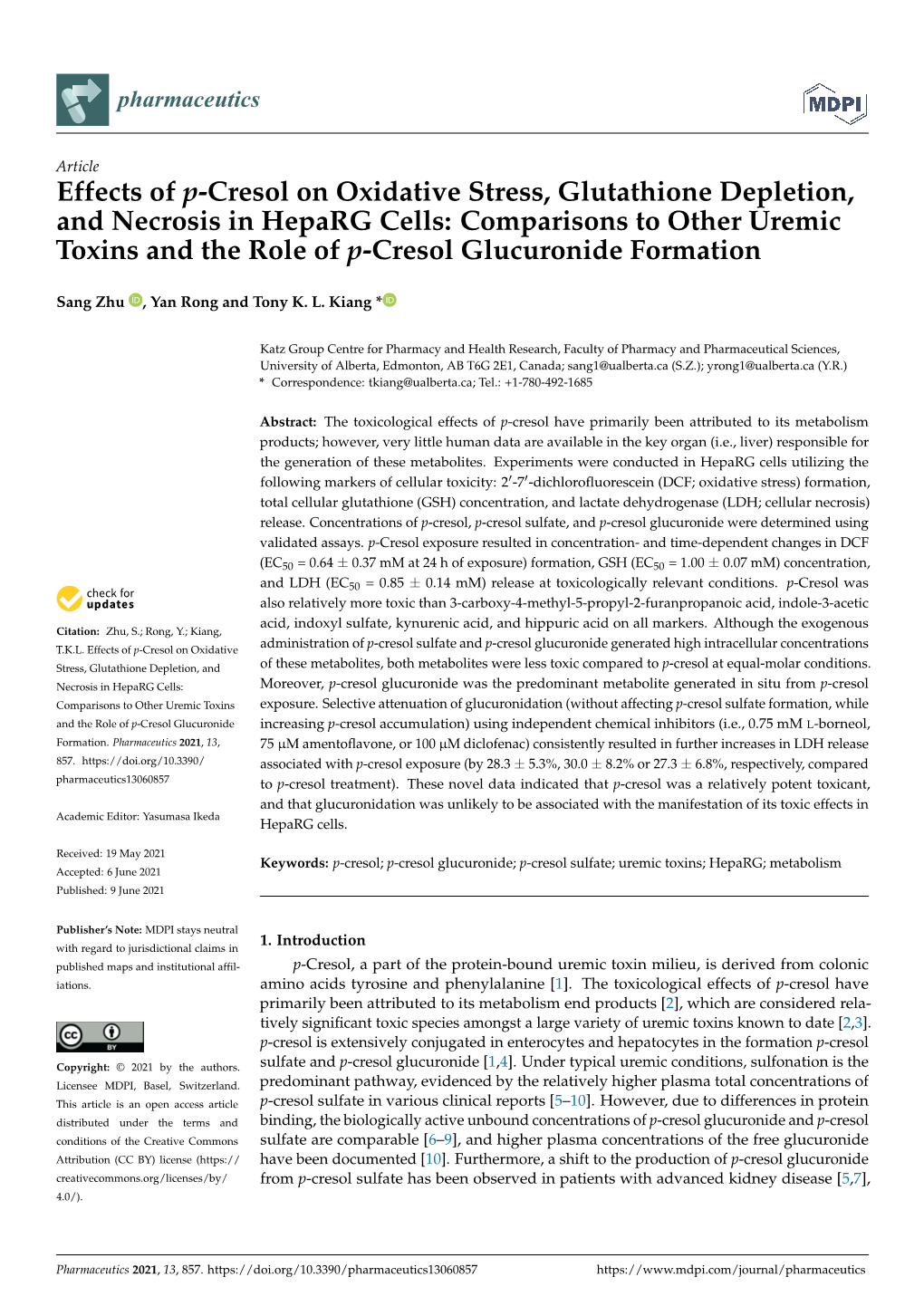 Effects of P-Cresol on Oxidative Stress, Glutathione Depletion, and Necrosis in Heparg Cells