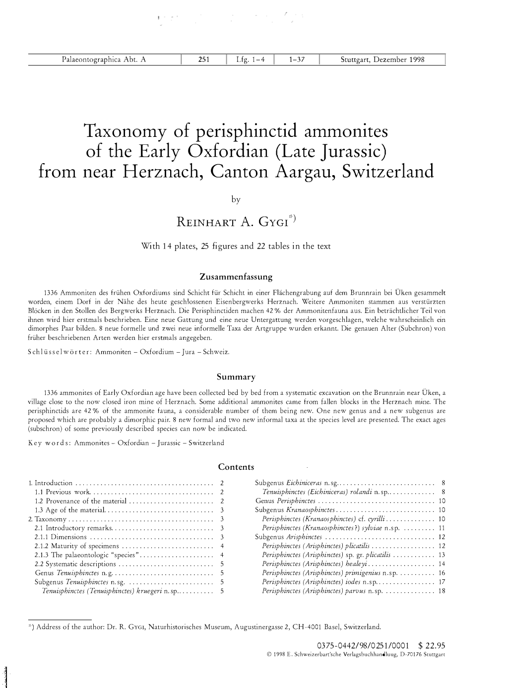 Taxonomy of Perisphinctid Ammonites of the Early Oxfordian (Late Jurassic) from Near Herznach, Canton Aargau, Switzerland