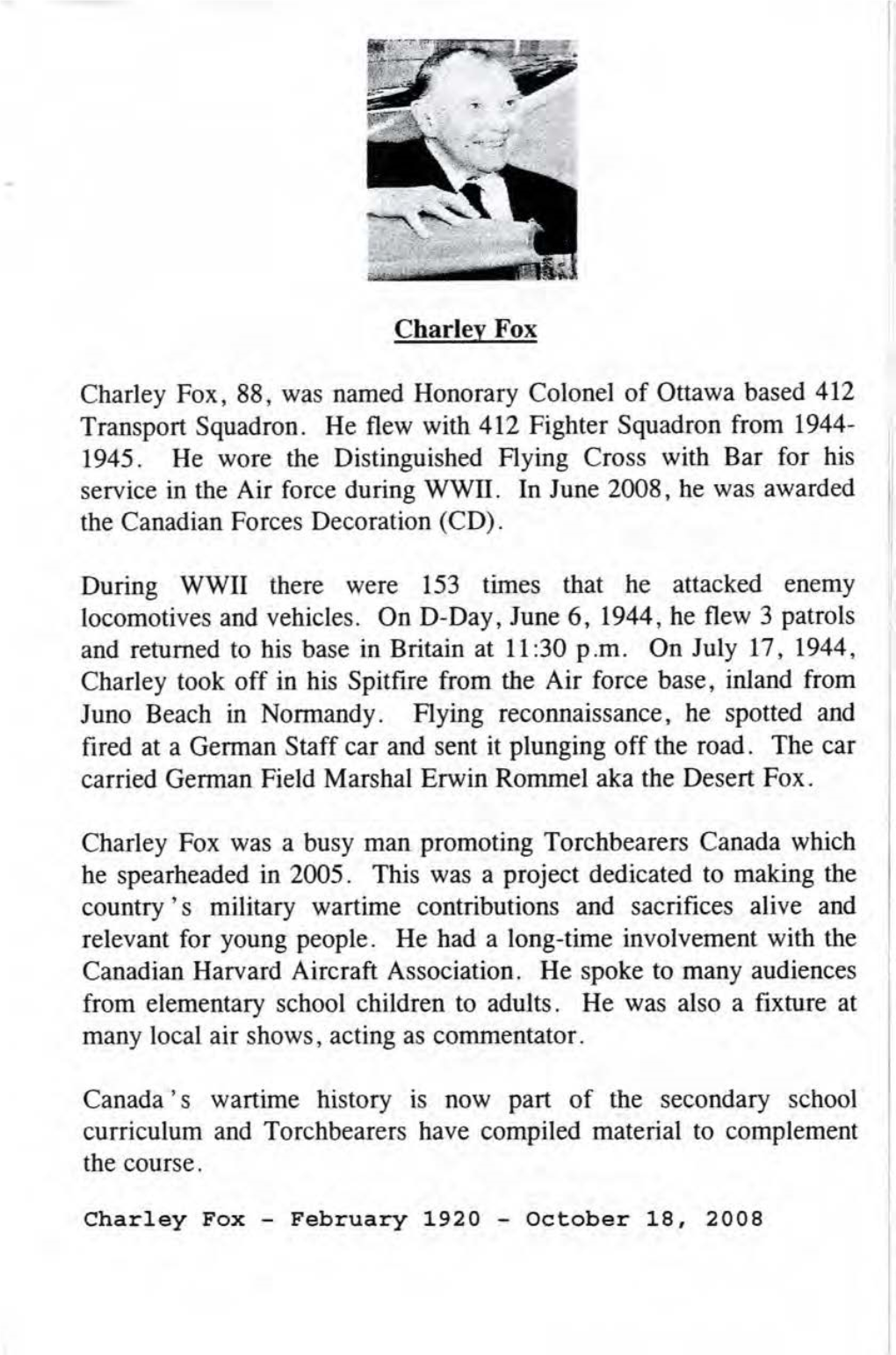 Charley Fox Charley Fox, 88, Was Named Honorary Colonel of Ottawa