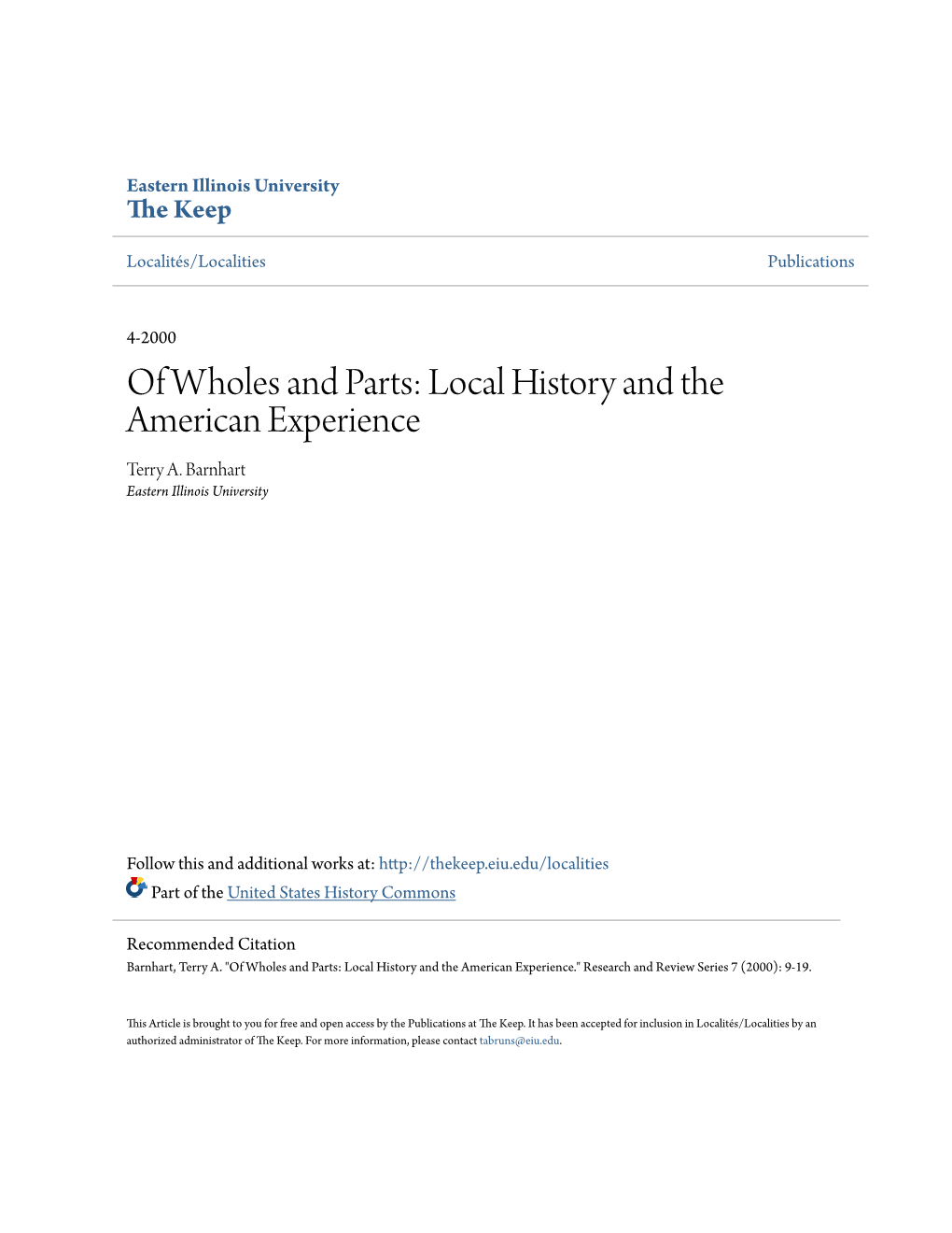 Of Wholes and Parts: Local History and the American Experience Terry A