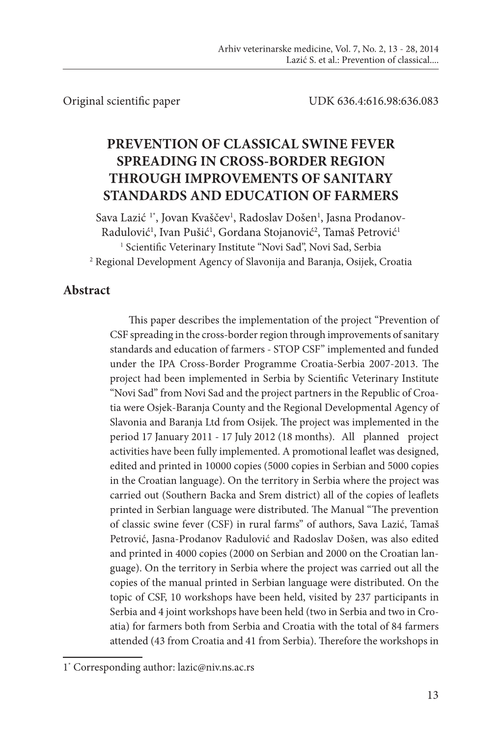 Prevention of Classical Swine Fever Spreading In