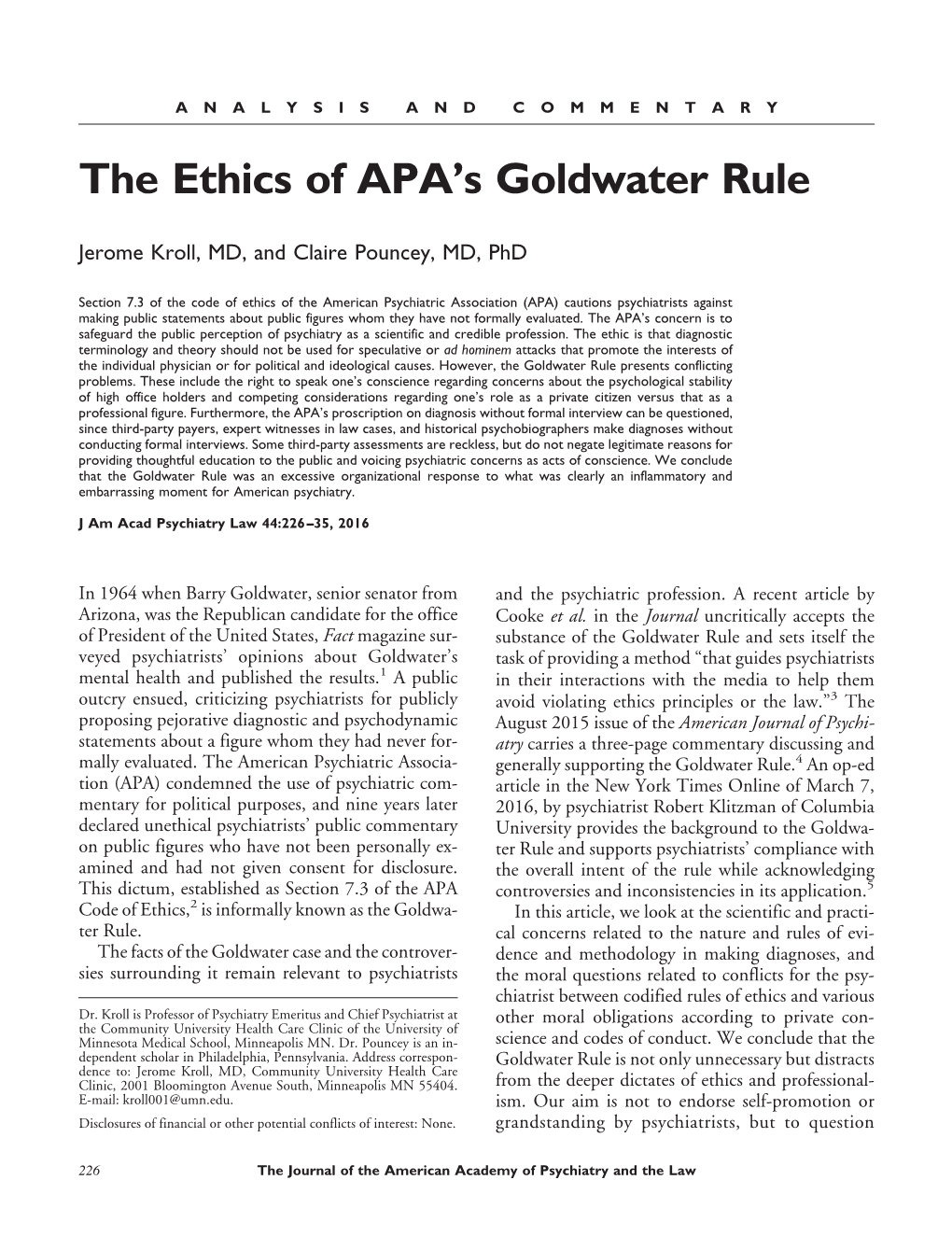 The Ethics of APA's Goldwater Rule