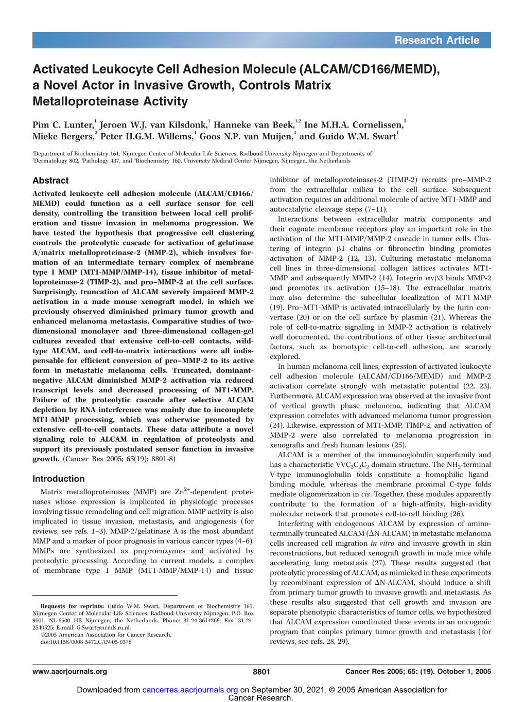 Activated Leukocyte Cell Adhesion Molecule (ALCAM/CD166/MEMD), a Novel Actor in Invasive Growth, Controls Matrix Metalloproteinase Activity