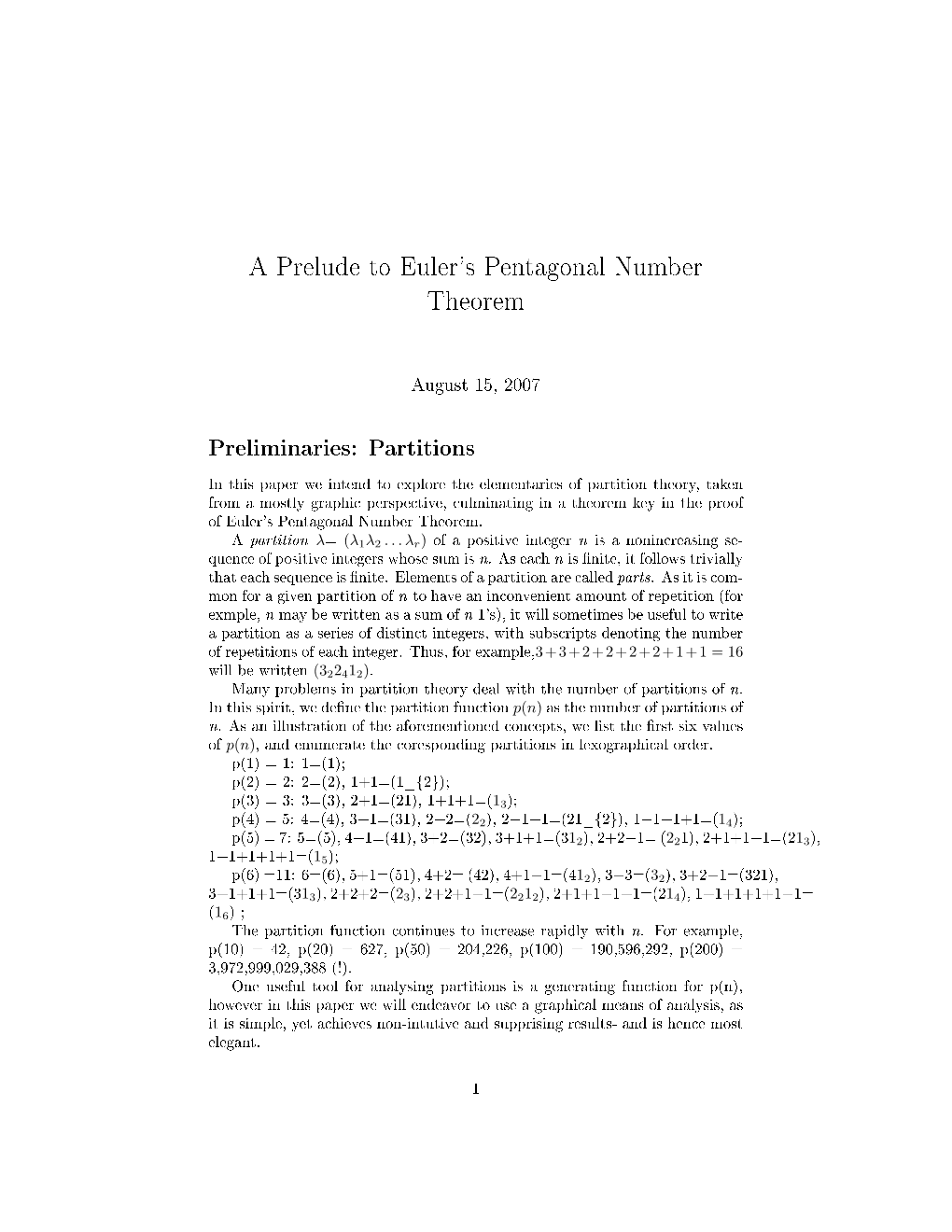 A Prelude to Euler's Pentagonal Number Theorem