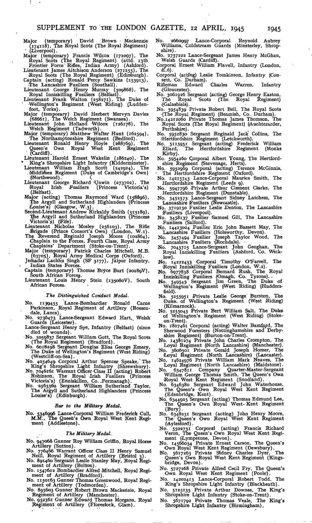 SUPPLEMENT to the LONDON GAZETTE, 12 APRIL, 1945 1945 Major (Temporary) David Brown • Mackenzie No