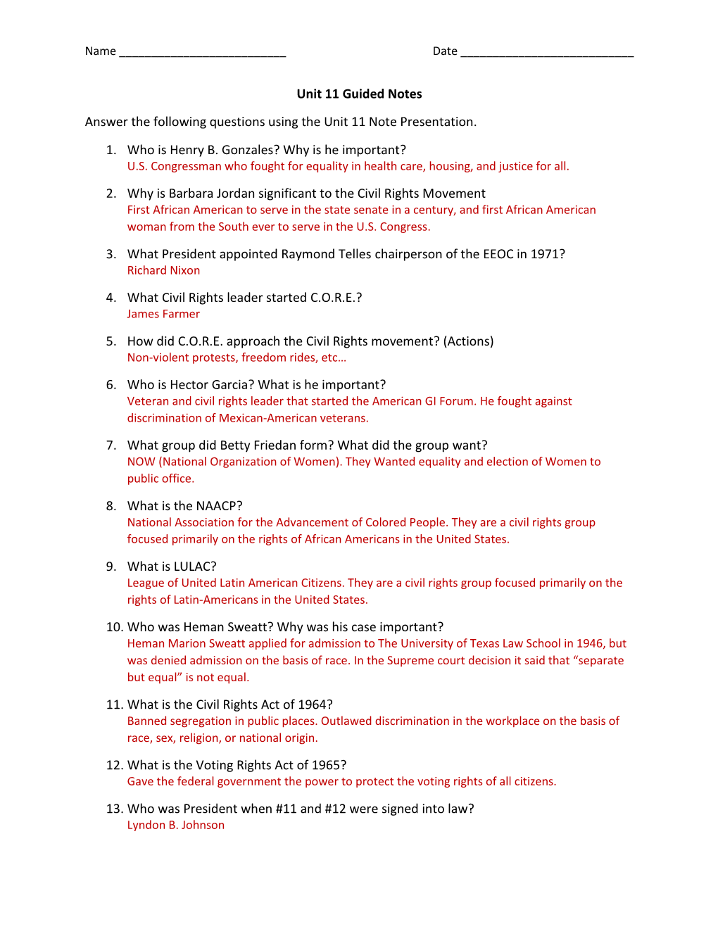 Unit 11 Guided Notes Answer the Following Questions Using the Unit 11 Note Presentation