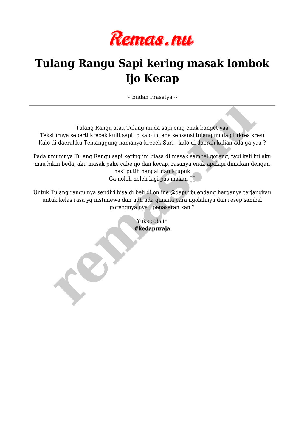 Tulang Rangu Sapi Kering Masak Lombok Ijo Kecap