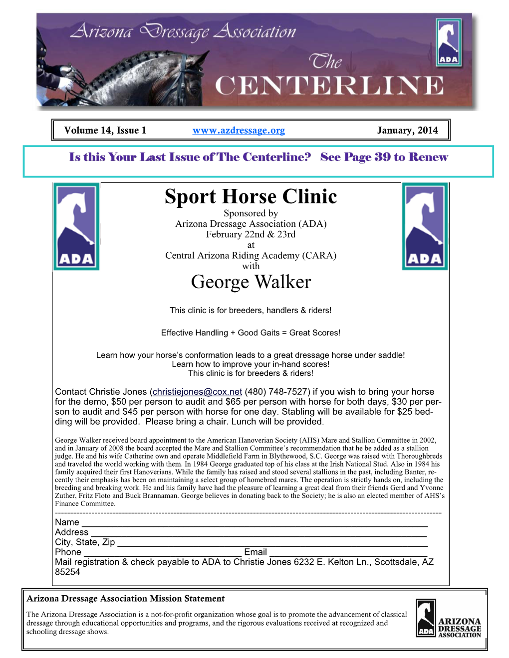 Sport Horse Clinic Sponsored by Arizona Dressage Association (ADA) February 22Nd & 23Rd at Central Arizona Riding Academy (CARA) with George Walker