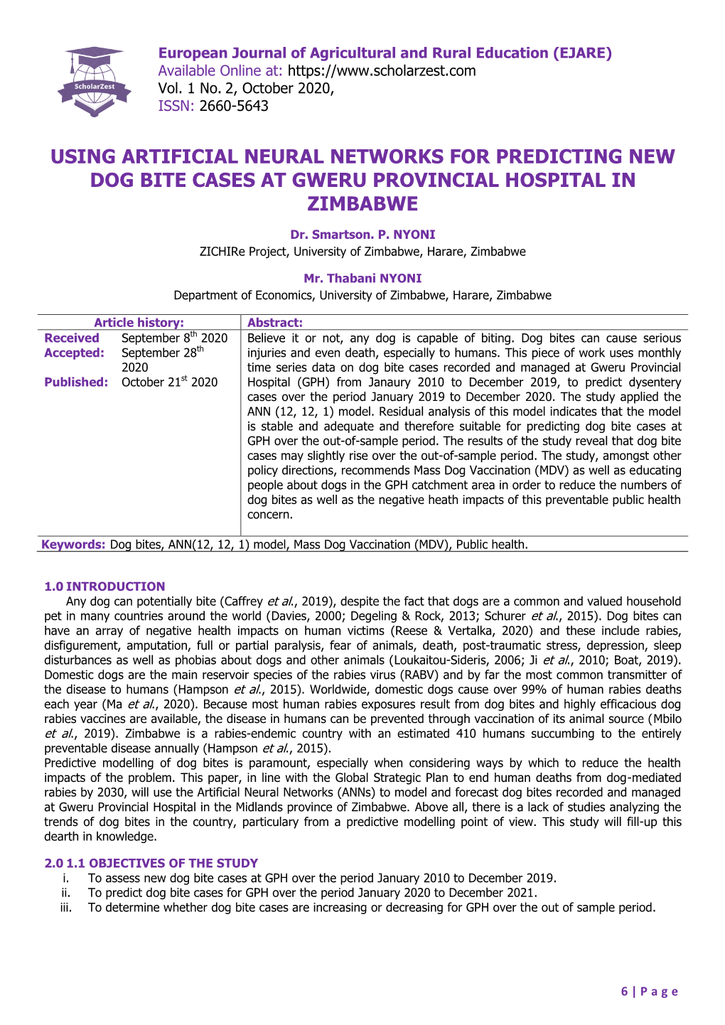 Using Artificial Neural Networks for Predicting New Dog Bite Cases at Gweru Provincial Hospital in Zimbabwe