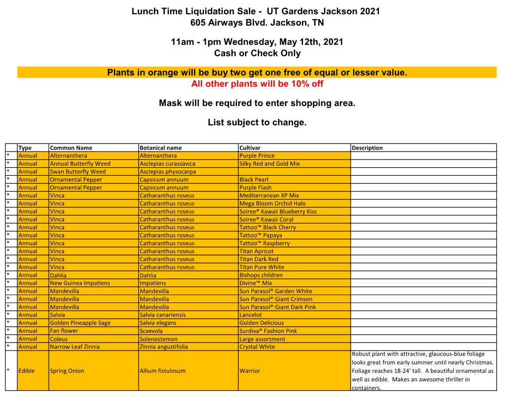 List Subject to Change. Mask Will Be Required to Enter Shopping Area. Lunch Time Liquidation Sale