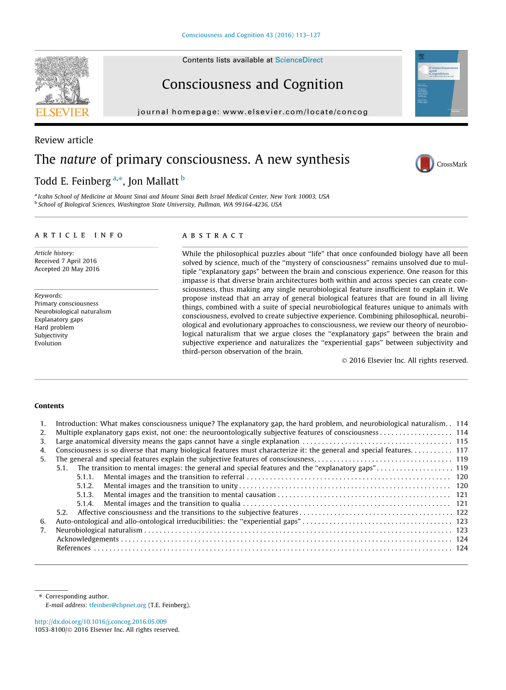 The Nature of Primary Consciousness. a New Synthesis ⇑ Todd E