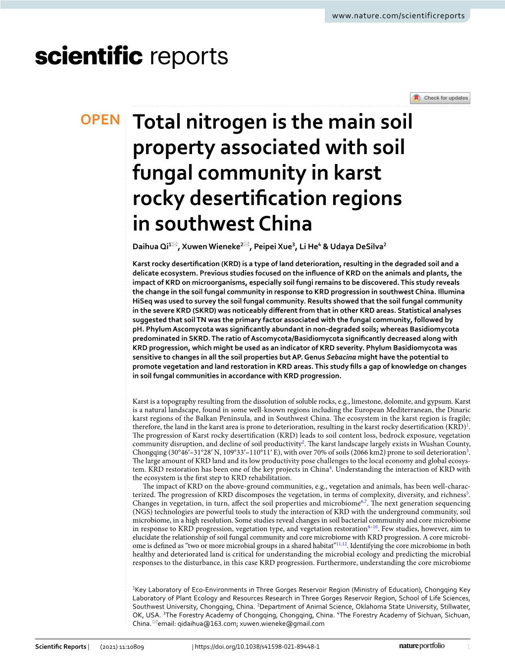 Total Nitrogen Is the Main Soil Property Associated with Soil Fungal