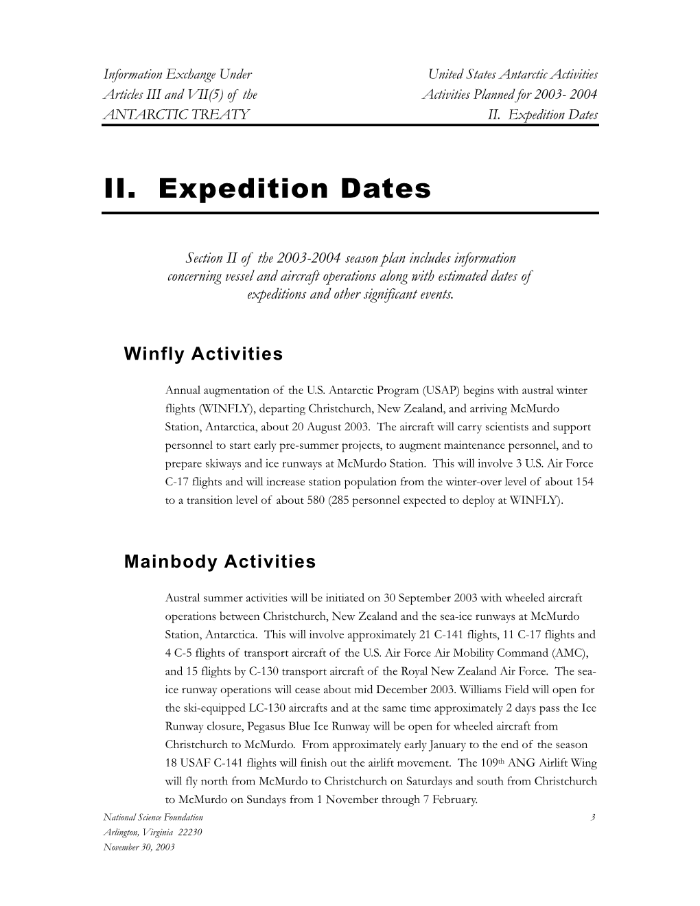 II. Expedition Dates