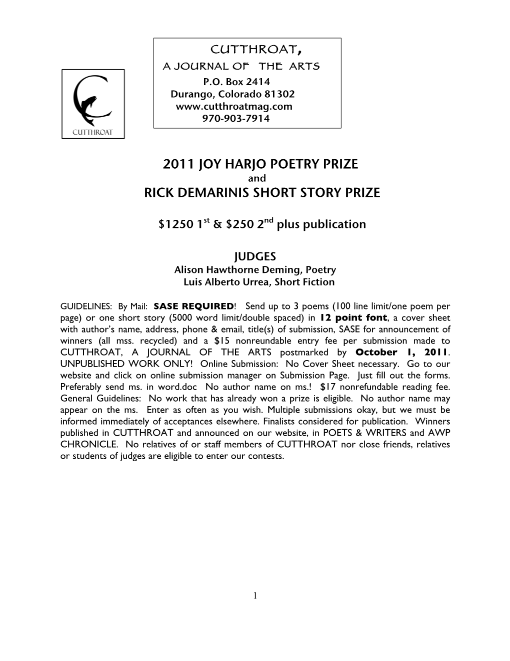2011 Joy Harjo Poetry Prize Rick Demarinis Short Story