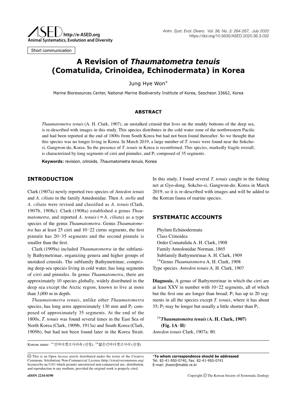 Comatulida, Crinoidea, Echinodermata) in Korea