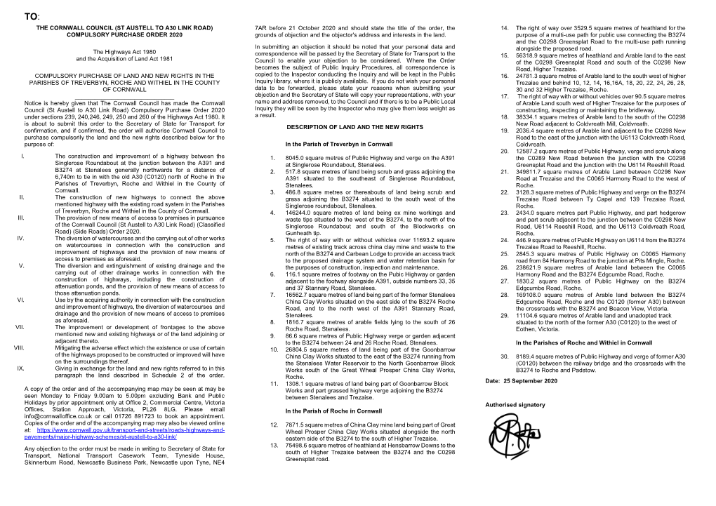 THE CORNWALL COUNCIL (ST AUSTELL to A30 LINK ROAD) 7AR Before 21 October 2020 and Should State the Title of the Order, the 14