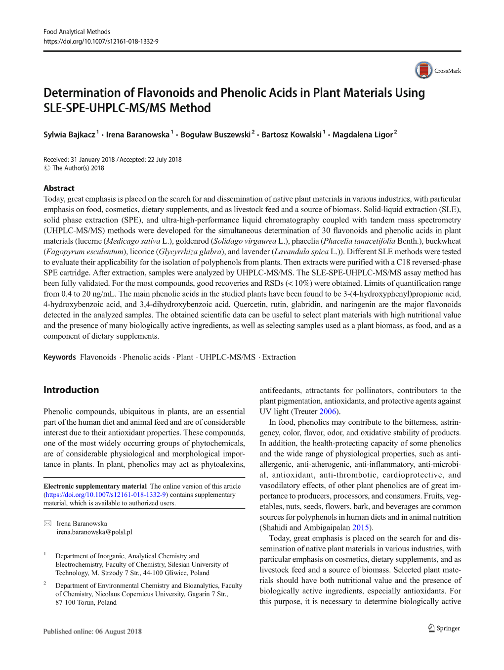 Determination of Flavonoids and Phenolic Acids in Plant Materials Using SLE-SPE-UHPLC-MS/MS Method