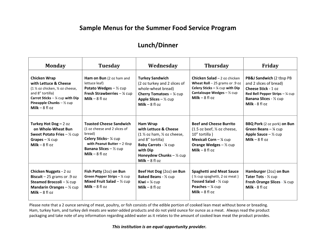 Sample Menus for the Summer Food Service Program Lunch/Dinner