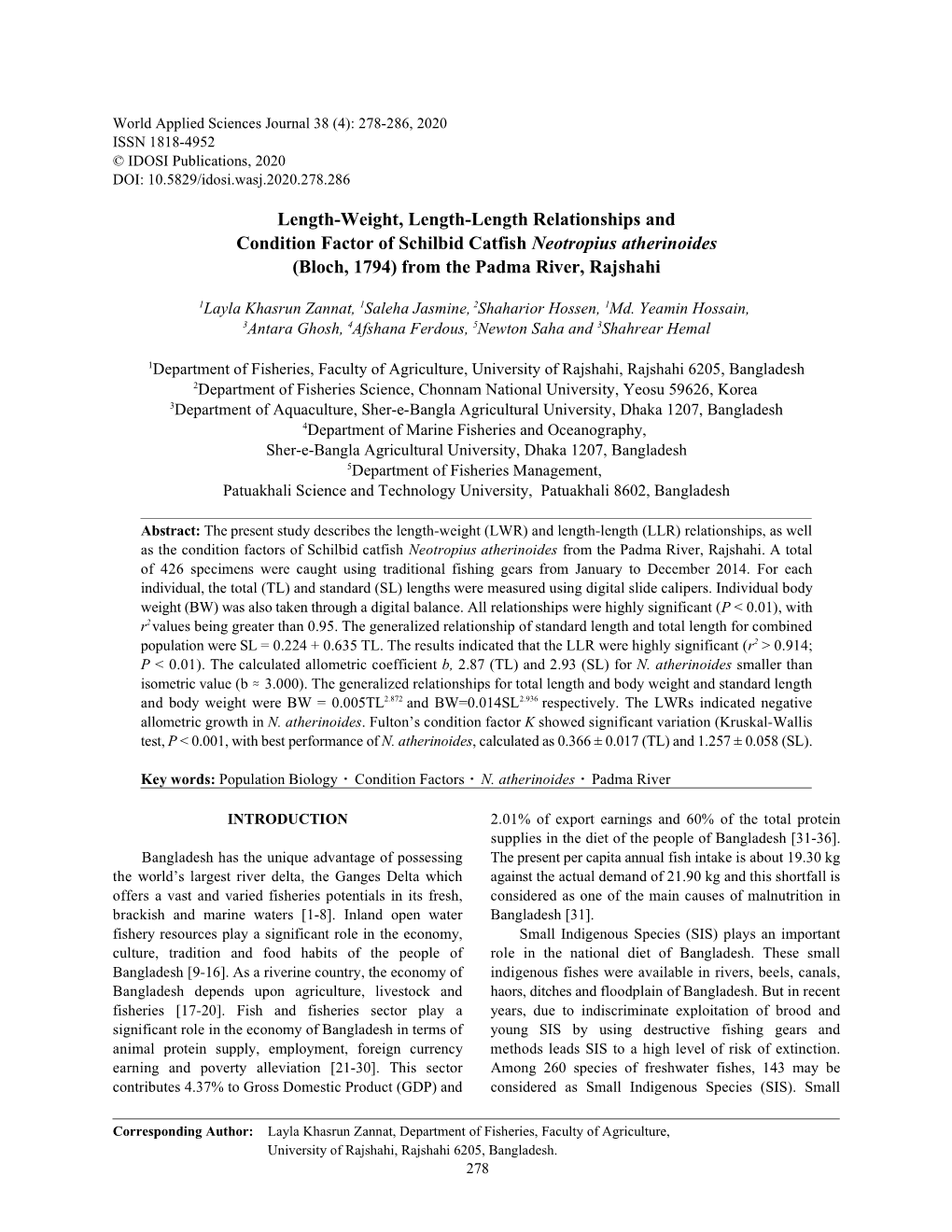 Length-Weight, Length-Length Relationships and Condition Factor of Schilbid Catfish Neotropius Atherinoides (Bloch, 1794) from the Padma River, Rajshahi