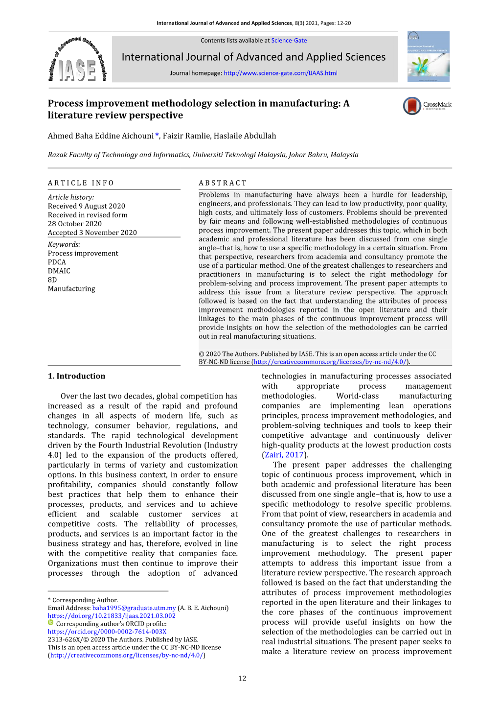 Process Improvement Methodology Selection in Manufacturing: a Literature Review Perspective