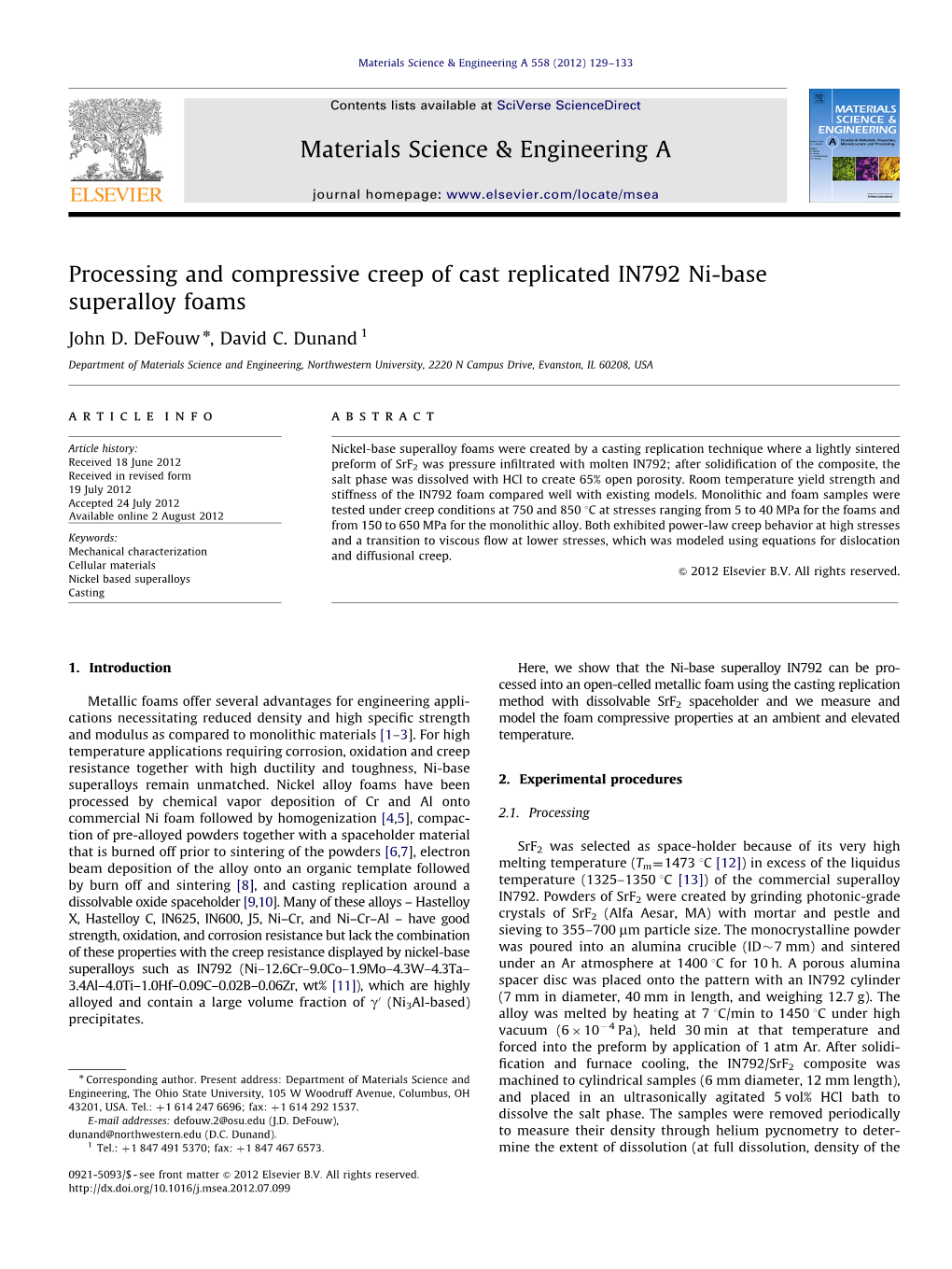 Processing and Compressive Creep of Cast Replicated IN792 Ni-Base Superalloy Foams