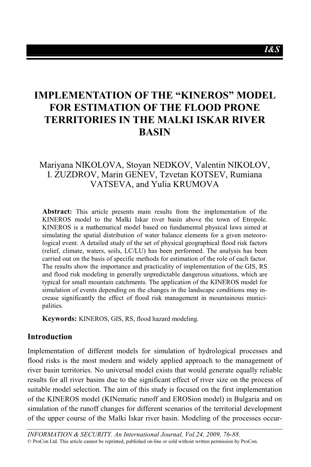 “Kineros” Model for Estimation of the Flood Prone Territories in the Malki Iskar River Basin