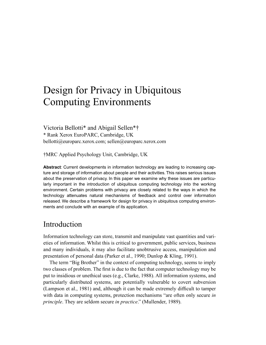 Design for Privacy in Ubiquitous Computing Environments