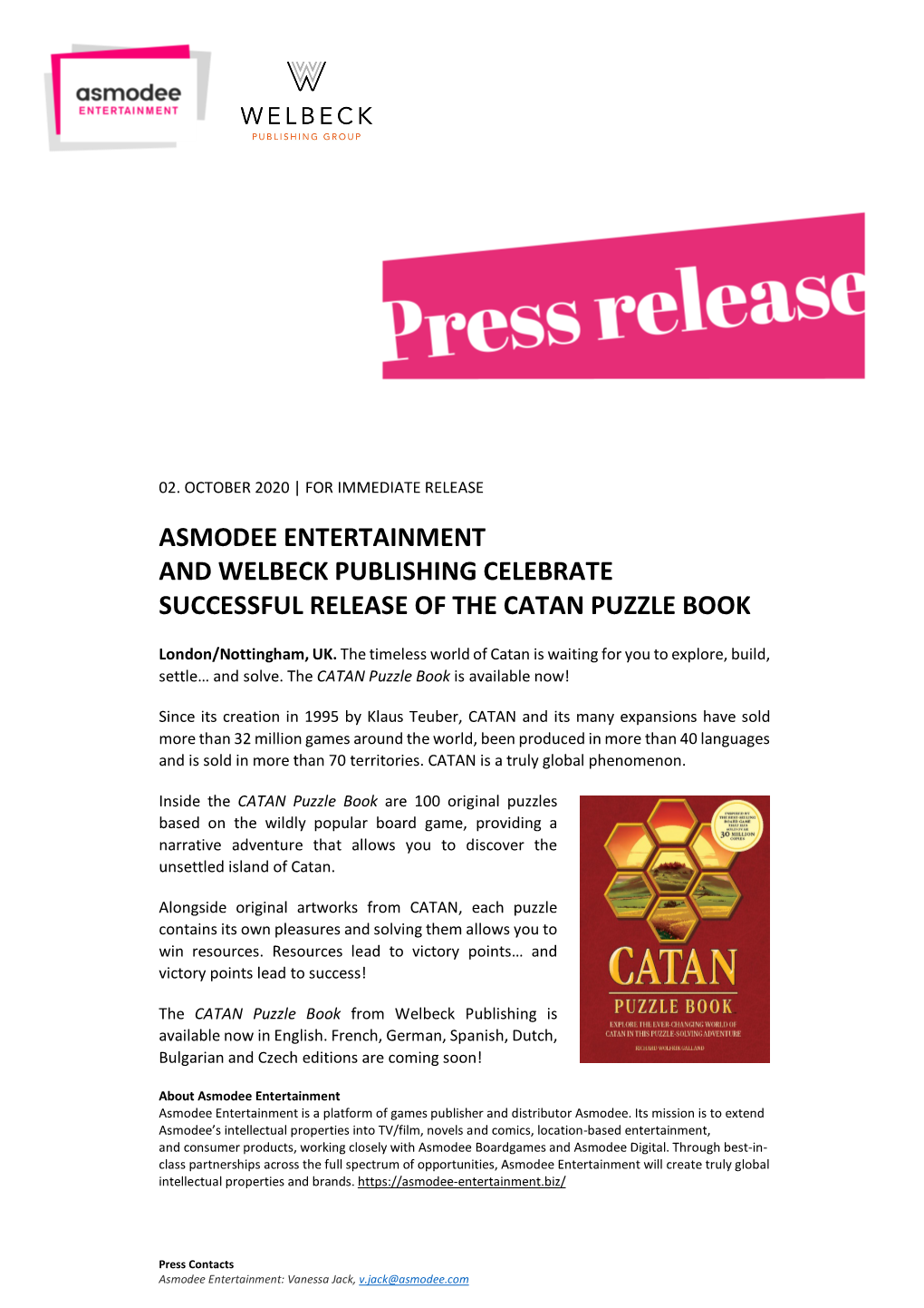 Asmodee Entertainment and Welbeck Publishing Celebrate Successful Release of the Catan Puzzle Book