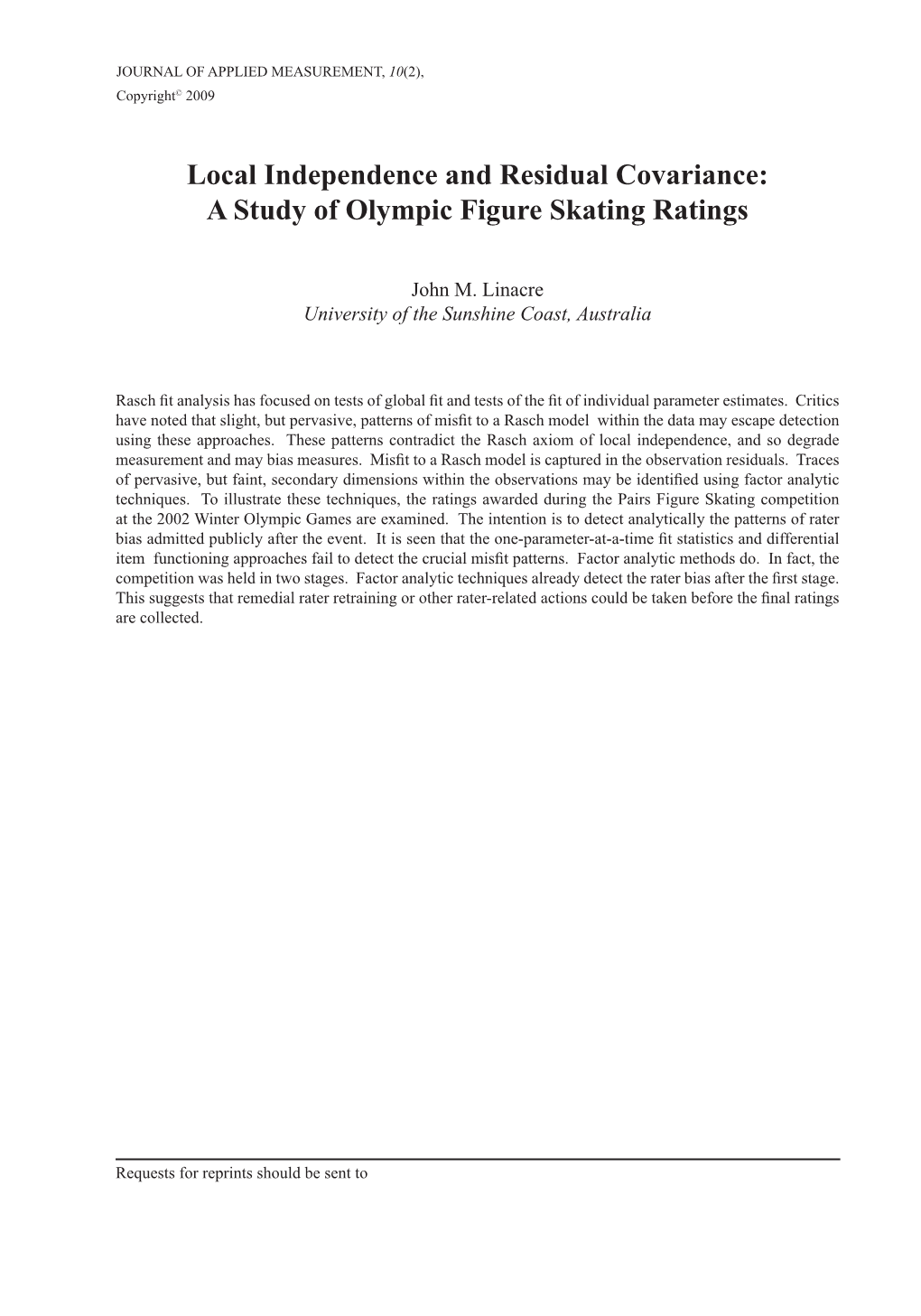 Local Independence and Residual Covariance: a Study of Olympic Figure Skating Ratings