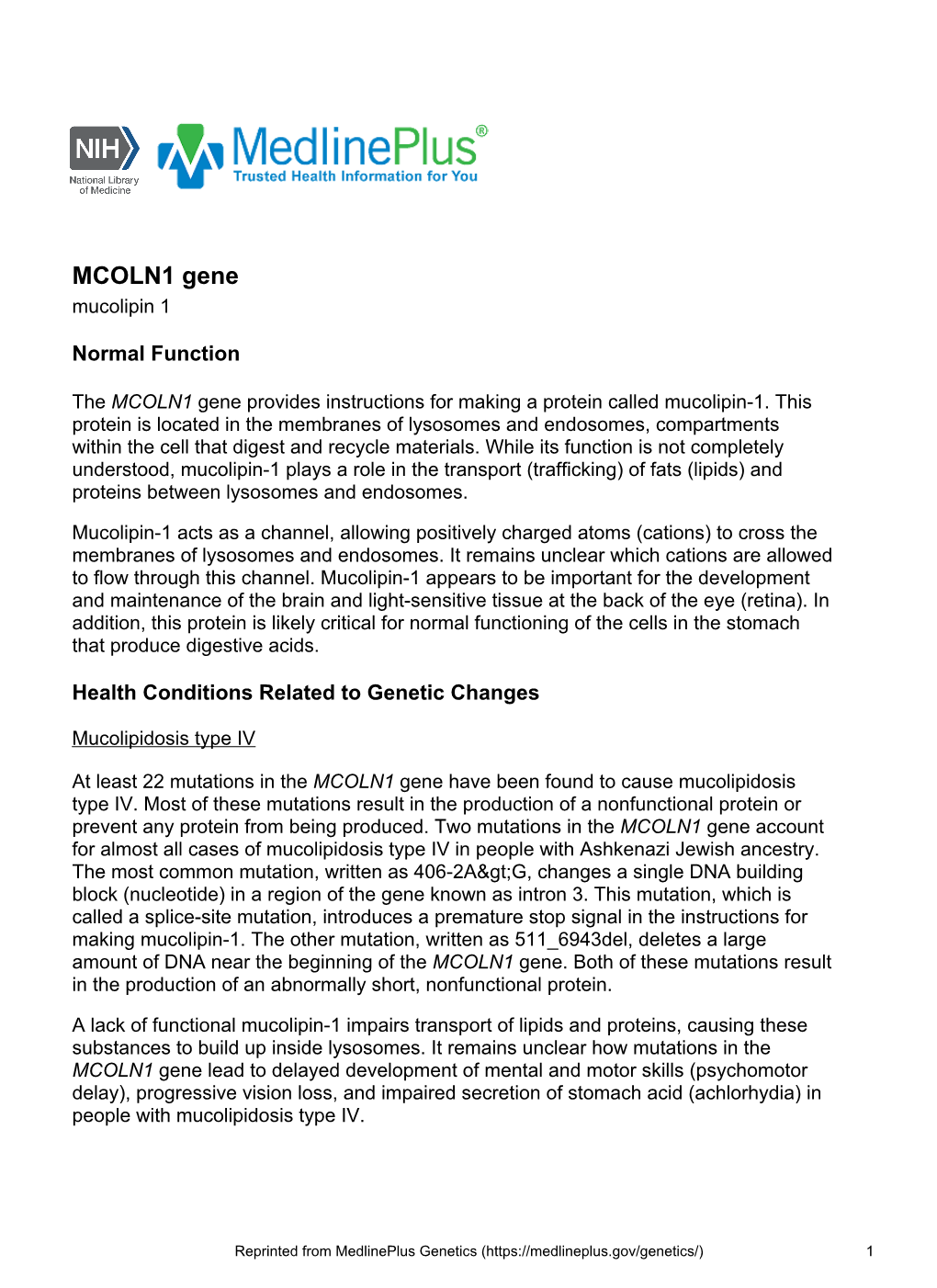 MCOLN1 Gene Mucolipin 1