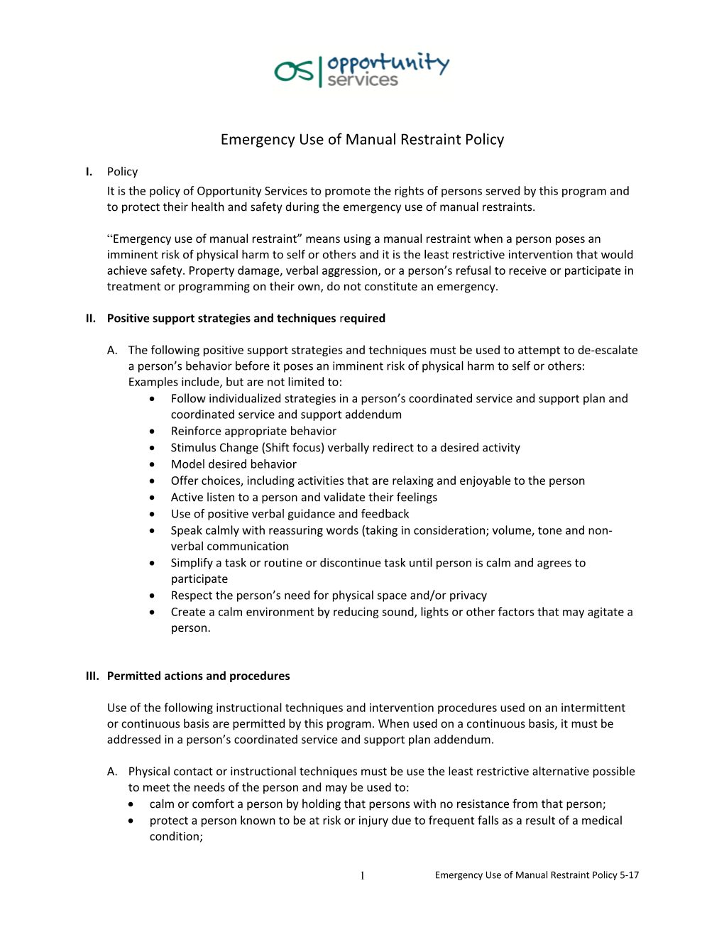 Emergency Use of Manual Restraint Policy