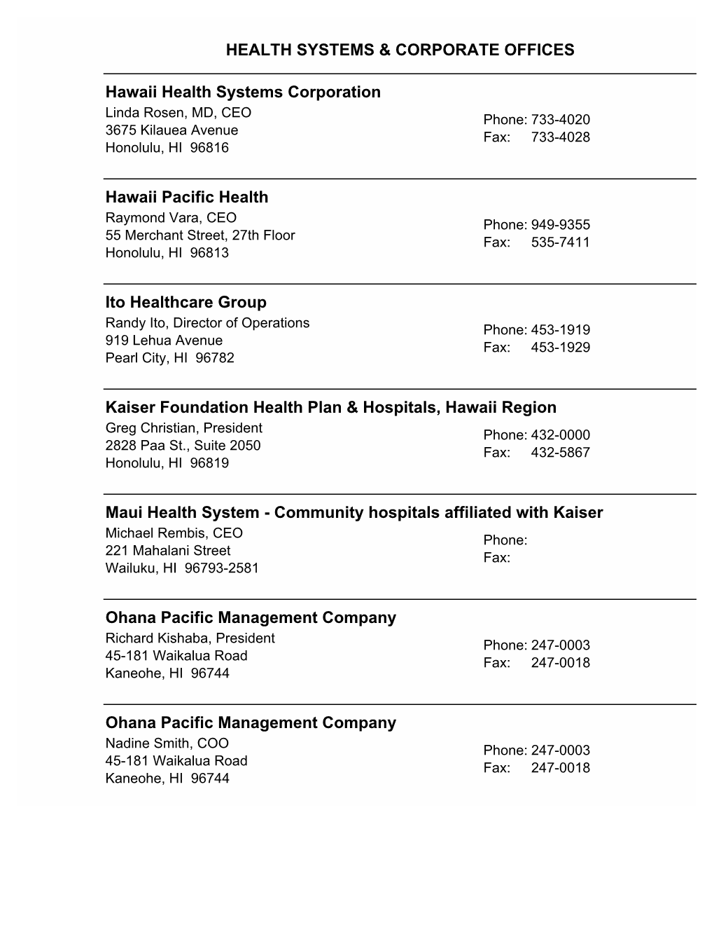 HEALTH SYSTEMS & CORPORATE OFFICES Hawaii Health Systems Corporation Hawaii Pacific Health Ito Healthcare Group Kaiser Found