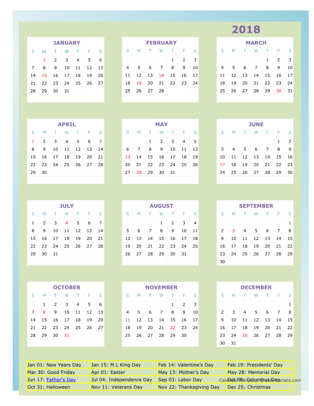 2018 Yearly Calendar - Calendarlabs.Com