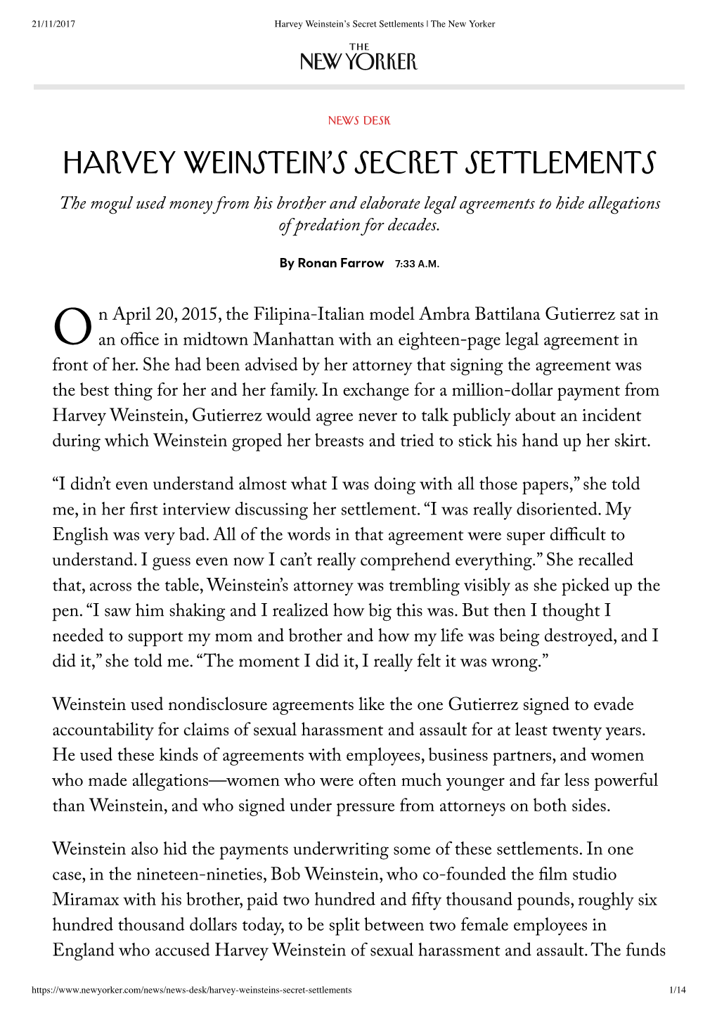 Harvey Weinstein's Secret Settlements