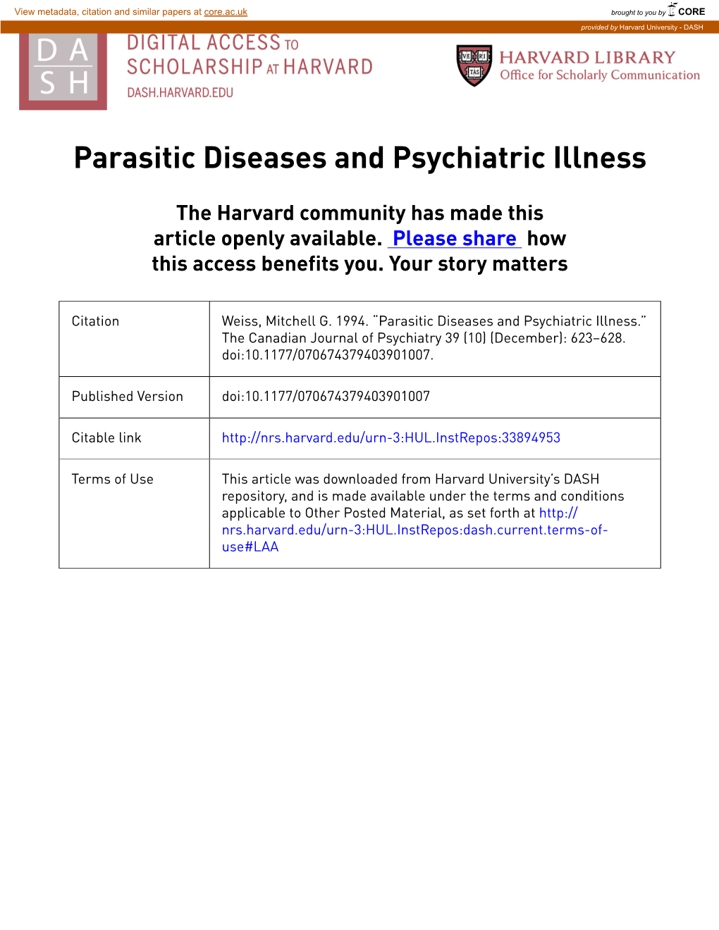 Parasitic Diseases and Psychiatric Illness