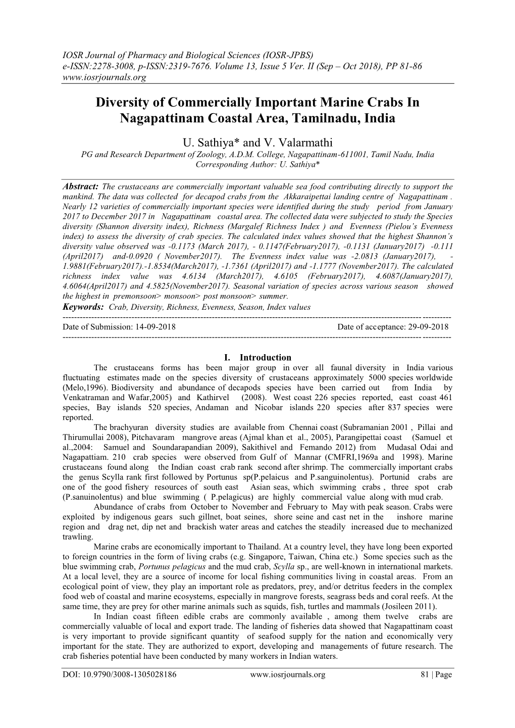 Diversity of Commercially Important Marine Crabs in Nagapattinam Coastal Area, Tamilnadu, India