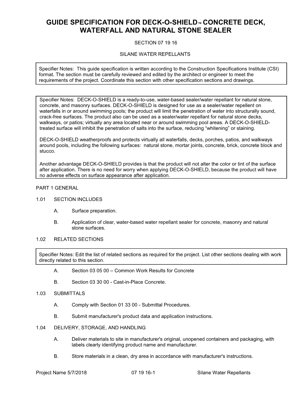 Guide Specification for Deck-O-Shield Concrete Deck, Waterfall and Natural Stone Sealer
