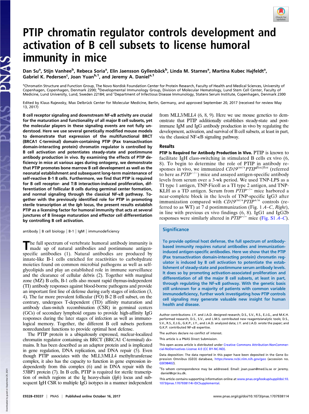 PTIP Chromatin Regulator Controls Development and Activation of B Cell Subsets to License Humoral Immunity in Mice