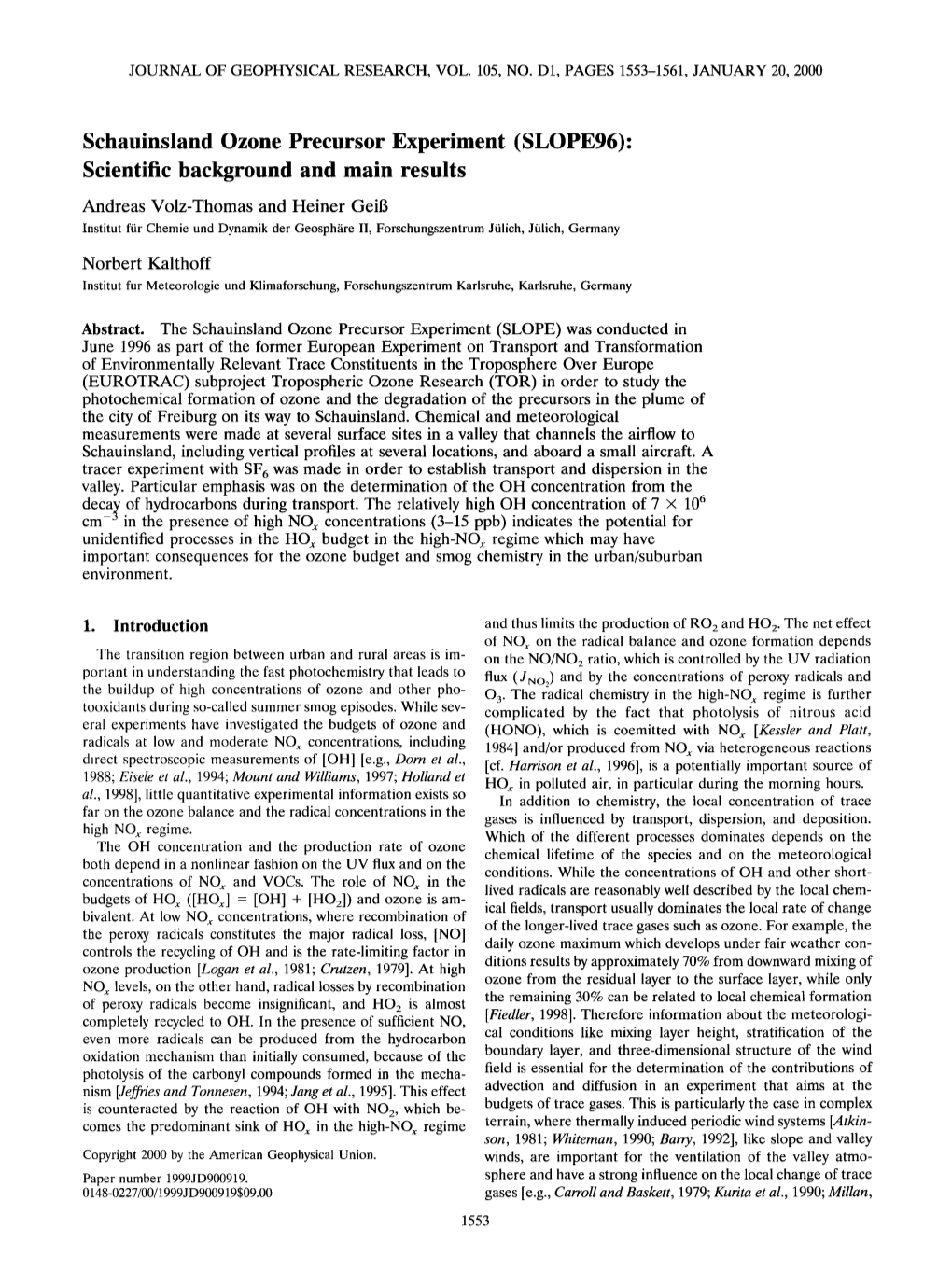 Schauinsland Ozone Precursor Experiment (SLOPE96): Scientific Background and Main Results