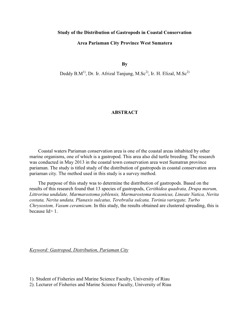 Study of the Distribution of Gastropods in Coastal Conservation Area Pariaman City